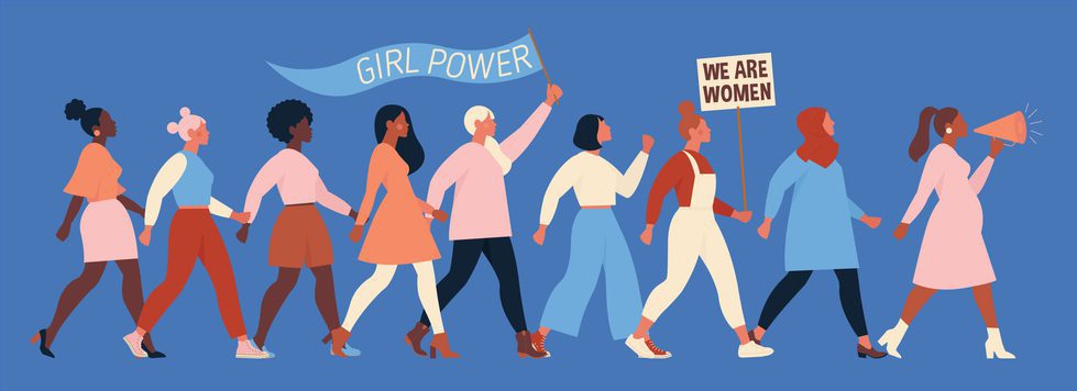 International Women's Day. Vector illustration with women different nationalities and cultures. Struggle for freedom, independence, equality.